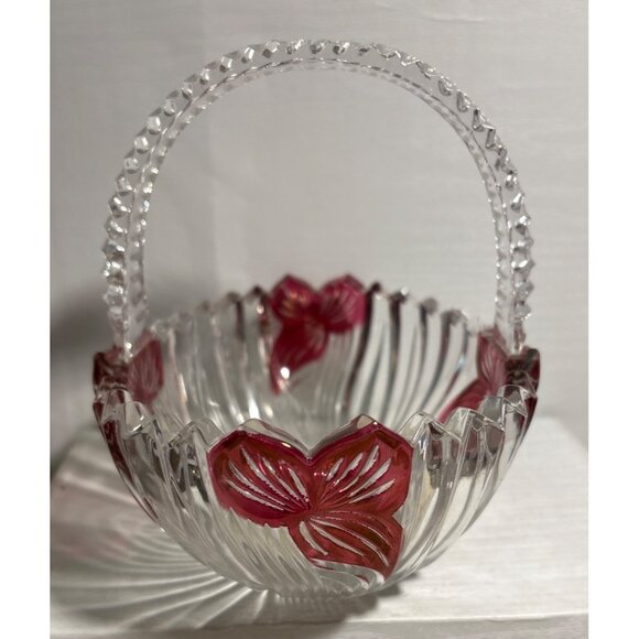 Vintage Glass Basket Clear Handle With Red Floral Accents & Textured Handle 6" - Picture 7 of 12